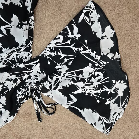 Worthington Womens Dress Black White Floral Lace Up Flutter Sleeve Flowy Large - Picture 6 of 10